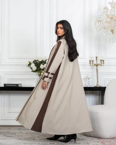 Beige Crepe Abaya with Brown Inlays IB262